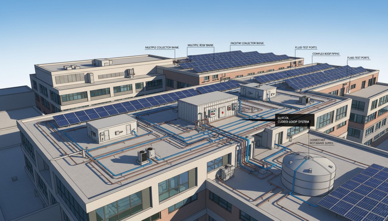 Commercial glycol closed-loop solar thermal system with multiple flat plate collector banks, complex roof piping, fluid test ports, and domestic hot water storage